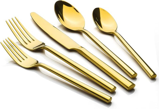 Alata Potter Gold 20-Piece Forged Silverware Set with Utensil-Serving Set, Service for 4, Stainless Steel Flatware Set, Modern Design with Mirror Finish, Ideal for Home, Kitchen, Party, Camping-Ruum Studio Home