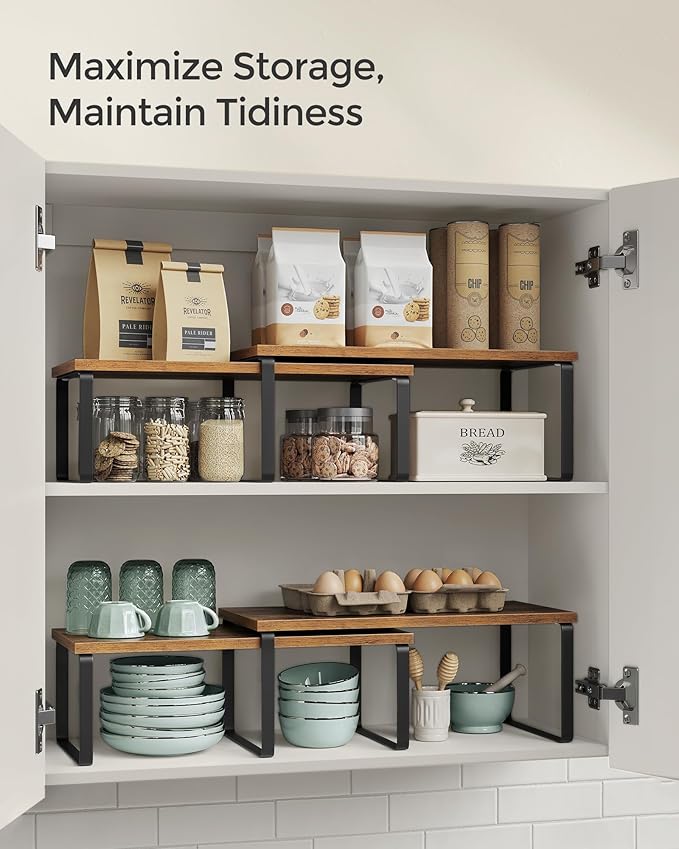 SONGMICS Cabinet Organizer Shelf, Set of 2 Kitchen Counter Shelves, Kitchen Storage, Spice Rack, Stackable, Expandable, Metal and Engineered Wood, Ink Black and Rustic Brown UKCS200X01-Ruum Studio Home