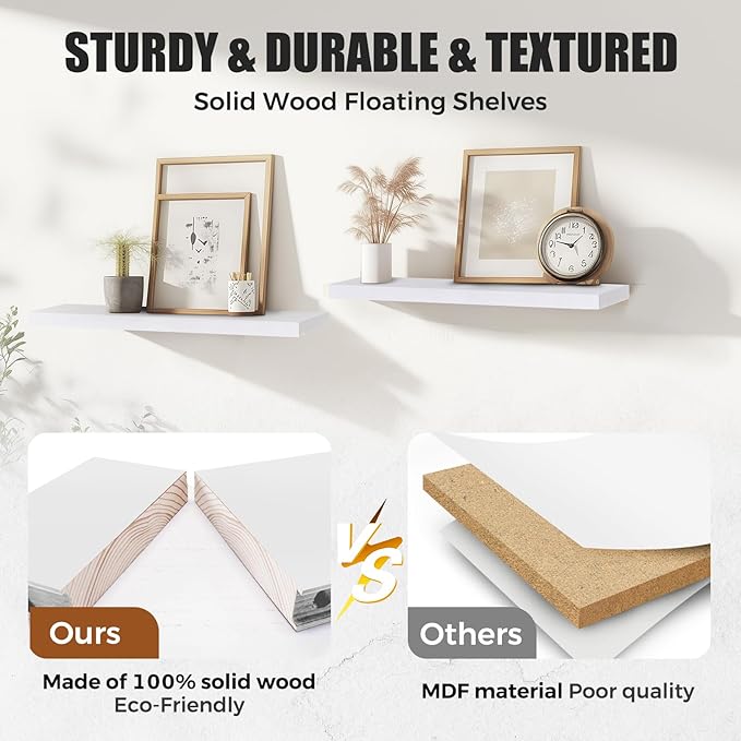 24"x6.8"x1.2" Solid Wood Floating Shelves 2-Pack - Rustic White Finish with Hidden Brackets, Perfect for Storage and Décor in Living Room, Kitchen, Bedroom-Ruum Studio Home