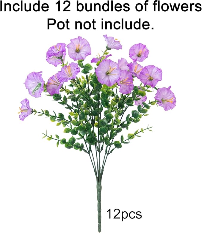 Artificial Flowers for Outdoors Fake Plants Outside Decoration, 12 Bundles Silk Purple Morning Glory UV Resistant Look Real Faux Flowers for Planter Front Door Porch Patio Yard Gardens Home-Ruum Studio Home
