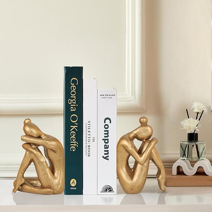 Unique Cast Iron Girl Thinker Bookends, Heavy-Duty Decorative Book Stoppers for Shelves, Creative Home and Office Desk Ornaments, 1 Pair/2 Pieces, 5.9"-Ruum Studio Home