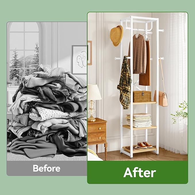 IBUYKE Coat Rack with Shelves, Freestanding Hall Tree with 3 Shelves and 8 Hooks, Industrial Clothes Stand for Entryway, Hallway, Bedroom, Natural UTMJ088R-Ruum Studio Home