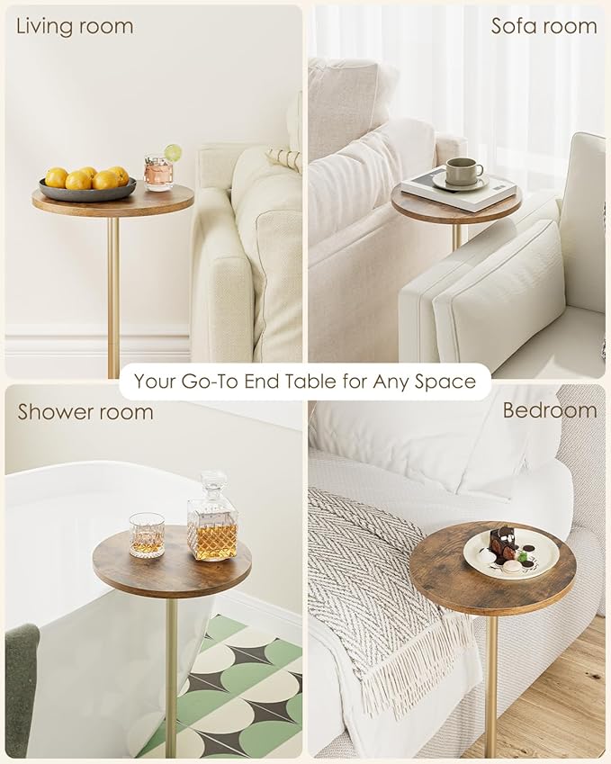 Masupu Drink Table, Round Side Table for Small Spaces, Pedestal Small End Table with Metal Base, for Living Room, Bedroom, Bathroom, Rustic Brown-Ruum Studio Home