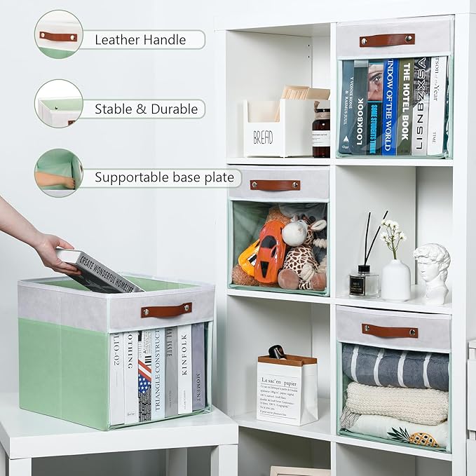 HNZIGE 13x15x13 Cube Storage Bins, 4 Pack Fabric Clear Organizer With Window, Large Collapsible Shelf Bins for Closet, Toy, Clothes - White Green-Ruum Studio Home