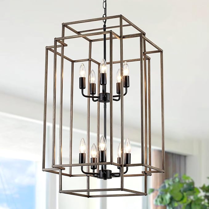 30" Black Farmhouse Chandelier, 10-Light Foyer Lighting Fixtures, Lantern Tiered Pendant Light Fixtures, Metal Wood Grain Finish Rustic High Ceiling Chandelier for Dining Room Entryway Staircase-Ruum Studio Home