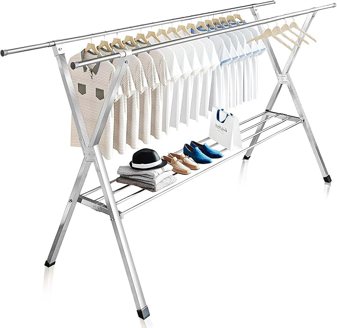 JAUREE Clothes Drying Rack 2 Tiers, Heavy Duty Drying Rack Clothing Folding Indoor Outdoor, Stainless Steel Laundry Drying Rack, Foldable Garment Rack with 20 Windproof Hooks (84 Inches)-Ruum Studio Home