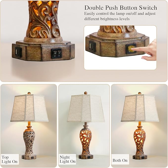Set of 2 Rustic Table Lamps for Living Room Bedroom, 2 USB Ports 25'' Vintage Farmhouse Desk Lamp with Nightlight, Brown Hollow Out Resin Lamp for End Table (Bulbs Included)-Ruum Studio Home
