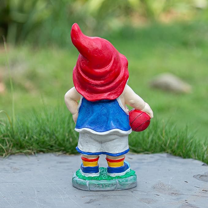 Outdoor Garden Sculpture Sports Garden Gnome with Basketball, 9.5 Inch Decorative Resin Statue, Red and Blue Jersey, Indoor Outdoor Decor A for Basketball Enthusiasts-Ruum Studio Home