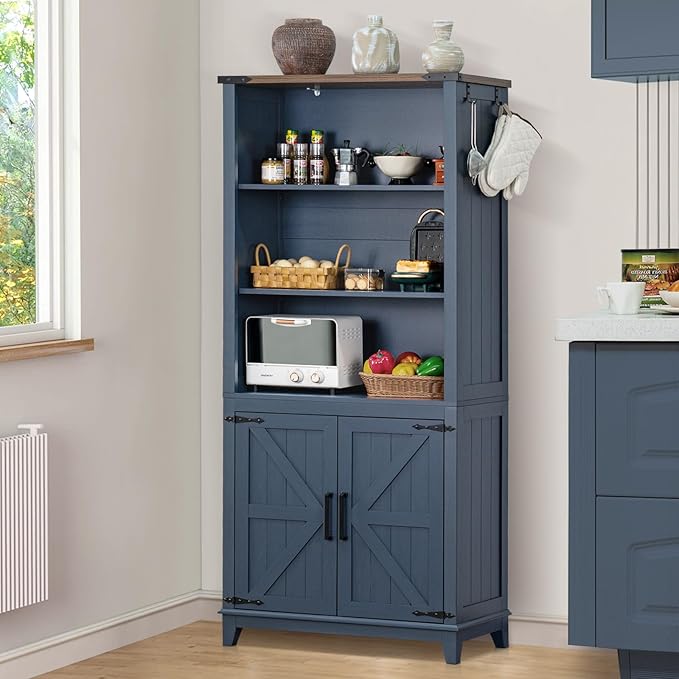 5 Tier Bookshelf 70in Tall Bookcase with Barn Doors and Storage Cabinet, Blue Farmhouse Book Shelf with Adjustable Shelves, Wood Freestanding Display Bookshelves for Bedroom, Kitchen (3PCS)-Ruum Studio Home