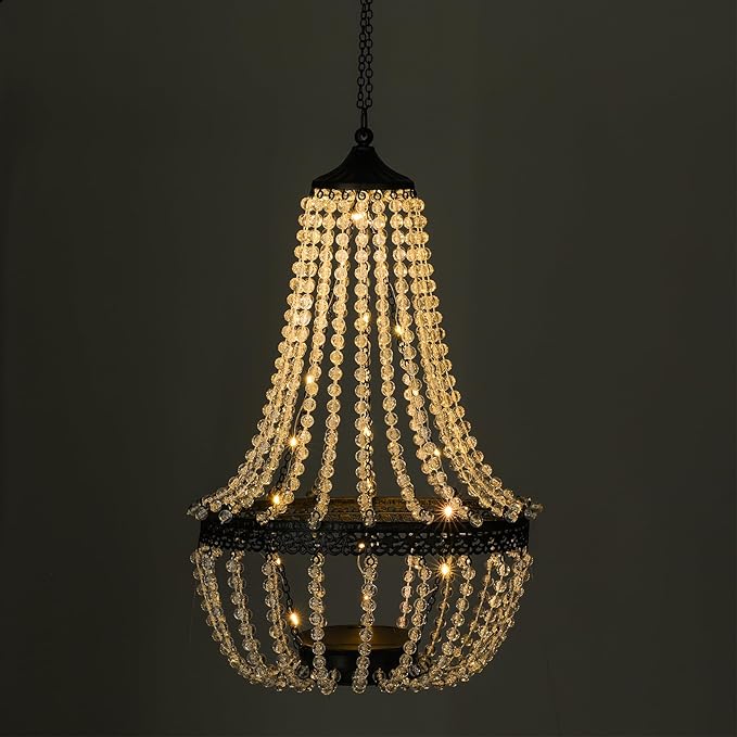Hanging Solar Chandelier Outdoor, 30 Warm White Lights Acrylic Clear Beaded Chandelier with S Hooks Modern Lantern for Garden Yard Patio Gazebo Decorations, 28”H-Ruum Studio Home