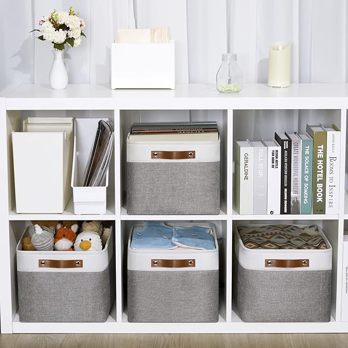 DULLEMELO Fabric Baskets for Storage, Office, Home,Nursery,Organizing Baskets for Shelves, Bedroom, Toys,Gift,Fabric Storage Basket with Handles(White&Grey,15"x11"x9.5",4-Pack)-Ruum Studio Home