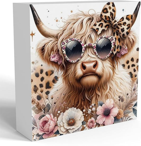 Highland Cow Decor, Highland Cow Gifts for women, Cow With Leopard Bow, Highland Cow Nursery Decor, Wooden Box Decor Sign for Home Farmhouse Office Living Room Table Shelf-Ruum Studio Home