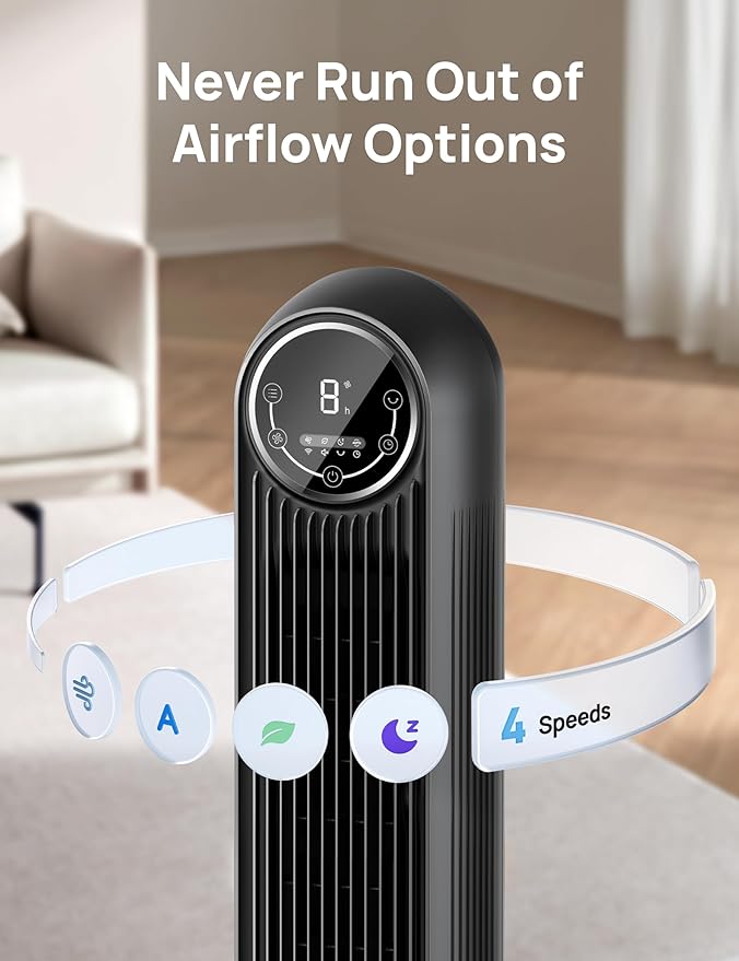 Dreo Tower Fan for Bedroom, Smart Oscillating Quiet Floor Fans, Standing Bladeless Fan with Remote and WiFi Voice Control, 4 Modes, 4 Speeds, 8H Timer, 28dB, Works with Alexa/Google-Ruum Studio Home