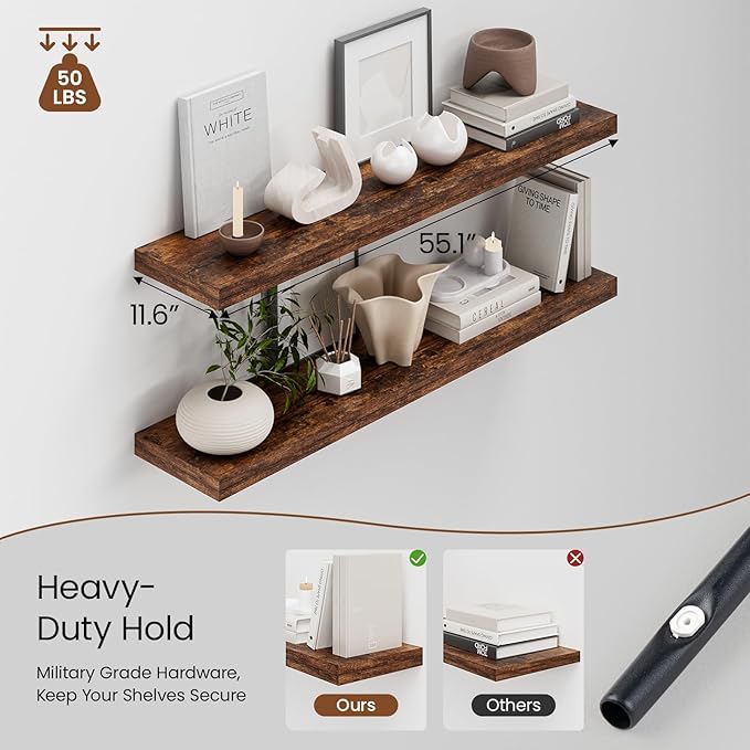 Heimlove 12 Inch Deep Floating Shelves, 55 x 12 inch Extra Long Floating Shelves for Wall, Large Display Shelf & Storage Shelf for Living Room Bedroom Kitchen Home Office, Set of 2, Rustic Brown-Ruum Studio Home