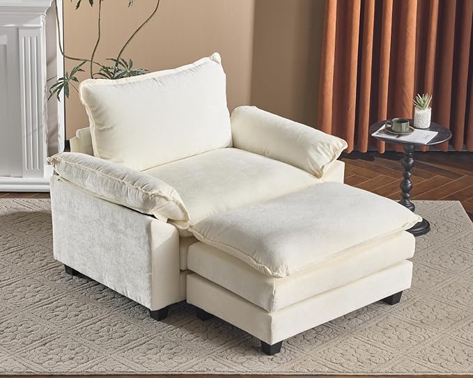 Karl home Oversized Accent Chair Chenille Sofa with Chaise, Modern Sofa Chair with Removable Ottoman Modular 1-Seater Couch and 2-Layer Ottoman for Living Room, Apartment, Studio, Beige-Ruum Studio Home
