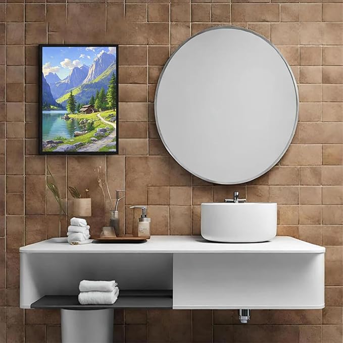 Landscape wall painting of mountain forest lakeside cabin under blue sky and white clouds natural oil painting poster suitable for living room bedroom office-Ruum Studio Home
