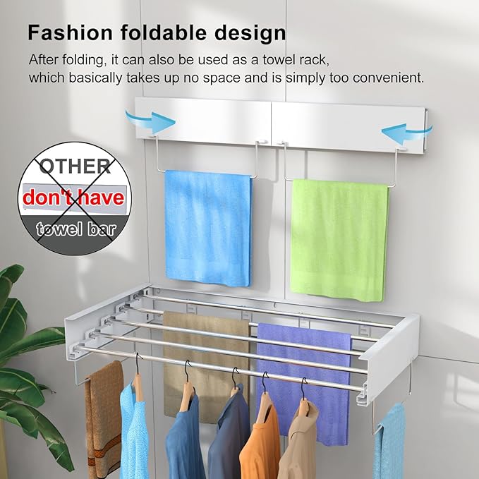 Wall Mounted Drying Rack, Foldable Laundry Rack, Collapsible Drying Rack, 5 Stainless Rods, Wall Mounted Clothing Rod with 2 Towel Bar, 90 lb Capacity, 31.5" White-Ruum Studio Home