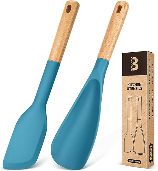 Cooking Spoon and Scraper for Nonstick Cookwares, Great for Cooking and Serving Durable BPA-Free Matte Silicone, Wood Handle Multifunction Spoon for Mixing, Scoop, and Scrape (BLUE)-Ruum Studio Home