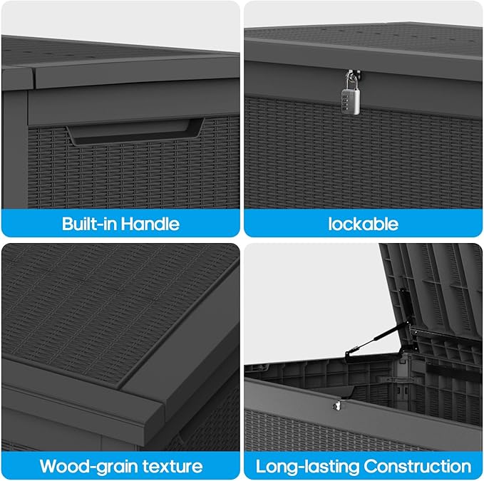 267 Gallon Deck Box Large Outdoor Storage for Patio Furniture,Outdoor Cushions,Garden Tools and Pool Supplies,Waterproof,Resin,Lockable(Black Rattan)-Ruum Studio Home