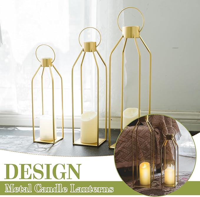 HPC DECOR Modern Farmhouse Lantern Decor- 22''19''16''Tall Large Gold Metal Candle Lanterns for Home Decor-Lanterns Decorative w/Timer Flickering Candles for Living Room,Outdoor,Fireplace Mantle Decor-Ruum Studio Home