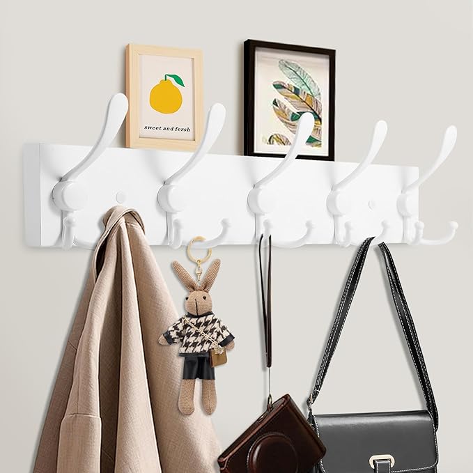 2pcs Coat Rack Wall Mount Coat Hooks Wooden Hat Rack for Wall Hooks Pine Real Wood Plank 16.9" White Coat Hanger with 5 White Triple Hooks for Hanging Coat Hat Jacket-Ruum Studio Home