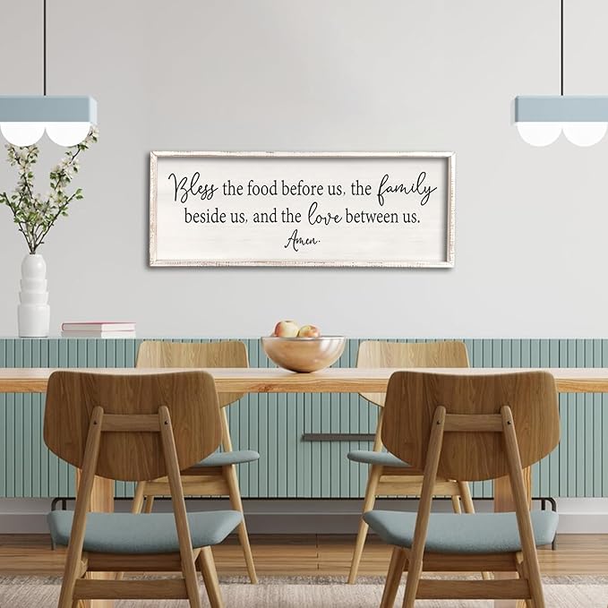 Bless the Food Before Us Sign Wall Decor 40"X15" Large Farmhouse Dining Room Wall Decor Framed Wood Rustic Home Wall Art Kitchen Decoration (White)-Ruum Studio Home