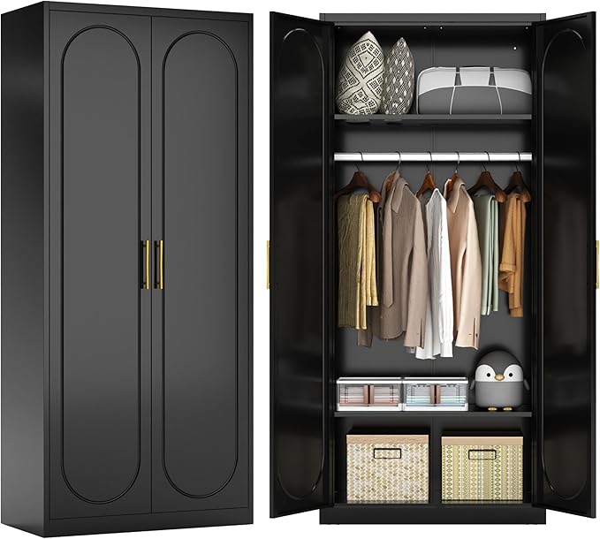 Metal Armoire Wardrobe Closet with 2 Doors, 71" Black Wardrobe Cabinet with Hanging Rod and Adjustable Shelves, Tall Clothing Storage Cabinets for Bedroom, Laundry Room, Home Office-Ruum Studio Home