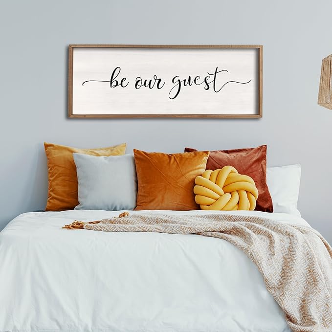 comurdyo Be Our Guest Wall Decor Sign 40”X15” Large Master Bedroom Above Bed Wall Decor Wood Framed Guest Room Sign Simple Rustic Farmhouse Over Bed Bedside Wall Art (Wood)-Ruum Studio Home