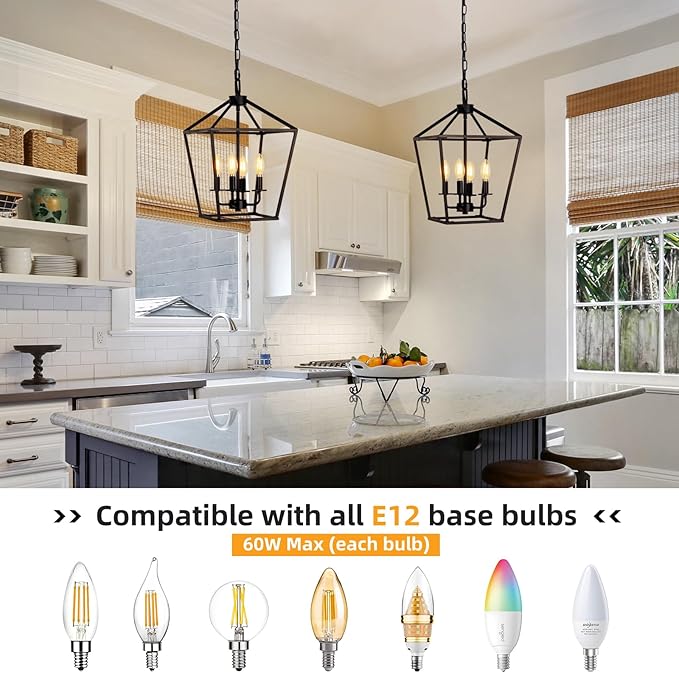 4 Light Chandelier, Industrial Ceiling Light Black Lantern Light Fixtures with Farmhouse Metal Cage Adjustable Height Rustic Geometric Hanging Light E12 Base for Kitchen Island, Entryway, Indoor-Ruum Studio Home