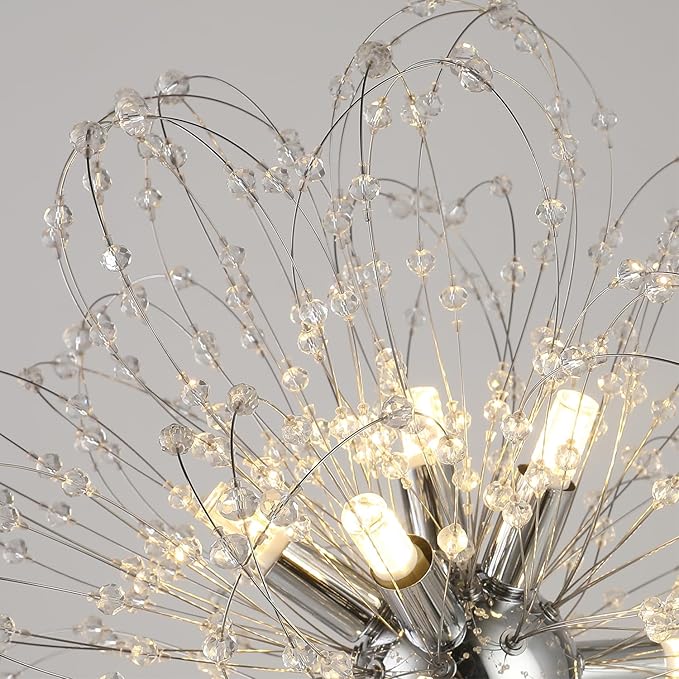 Modern Small Chandeliers, Sputnik Sunflower Crystal Beaded Hanging Lamps, Round Chrome Dandelion Pendant Light for Kitchen Island Bathroom Bedroom Entryway (Chrome 8Lights)-Ruum Studio Home