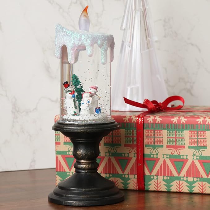 Eldnacele Christmas Snow Globe Candle Battery Operated Lighted Flameless Candles Light Swirling Water Glittering Spinning Candles for Home Decoration(Snowmen Family)-Ruum Studio Home