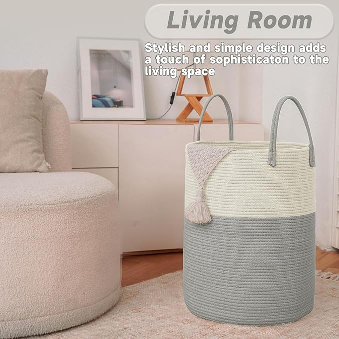 Large Woven Laundry Basket Hamper,60L Cotton Rope Storage Bin for Blankets,Toys and Clothes,Decorative Tall Nursery Hamper for Living Room,Baby Nursery,Bathroom and Bedroom,White and Grey-Ruum Studio Home