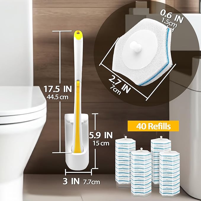 JEHONN Disposable Toilet Brush with 40PCS Wand Cleaner Refills, Wall Mounted Toilet Bowl Brush Holder Set, Bathroom Cleaning System for Sink Bathtub Wash Basin (Yellow)-Ruum Studio Home