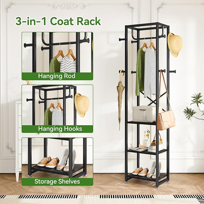 IBUYKE Coat Rack with Shelves, Freestanding Hall Tree with 3 Shelves and 8 Hooks, Industrial Clothes Stand for Entryway, Hallway, Bedroom, Black UTMJ088B-Ruum Studio Home
