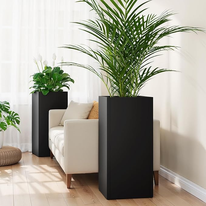 Stoog 30" Tall Planters for Outdoor Plants, All-Weather Metal Planter Boxes Set of 2, with Removable Insert Shelf, Modern Design, Indoor/Outdoor Use, Black-Ruum Studio Home