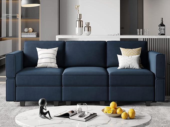 Belffin Modular Sofa Couch with Storage Seats Velvet 3 Seater Sofa for Living Room Blue-Ruum Studio Home