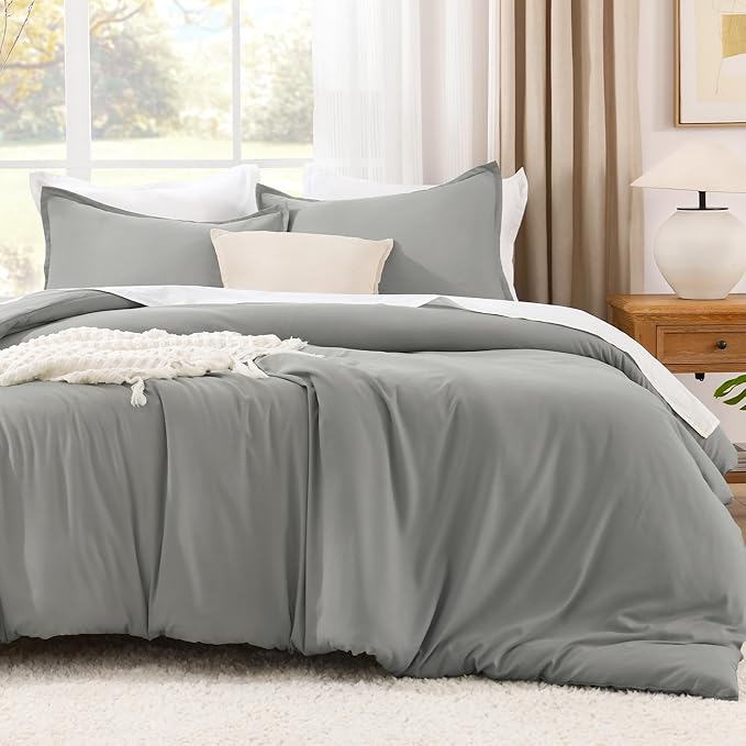 Litanika Comforters Medium Gray Queen Size, 3 Pieces Lightweight Solid Bedding Set & Collections, All Season Fluffy Bed Set (90x90In Comforter & 2 Pillowcases)-Ruum Studio Home