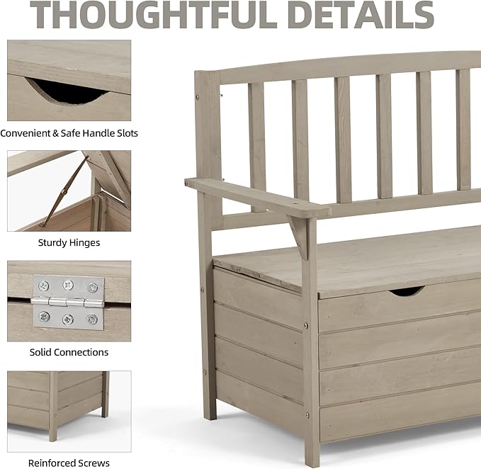 AVAWING Outdoor Storage Bench, Wooden Garden Bench Weatherproof, Patio Benches for Outside, 2-Seat Front Porch Bench, Park Bench for Deck, Lawn, Backyard (Light Gray)-Ruum Studio Home