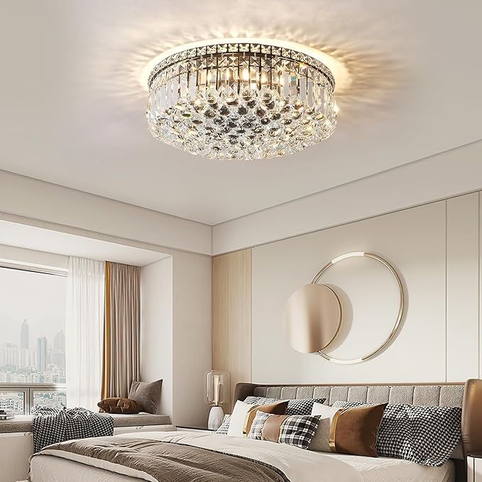 6-Lights Black Crystal Flush Mount Chandelier Light Fixture K9 Crystals Modern Ceiling Lights Elegant Pendant Lamp for Bedroom,Hallway,Bar,Living Room,Dining Room,H5.9 xW20 (Bulbs Not Included)-Ruum Studio Home