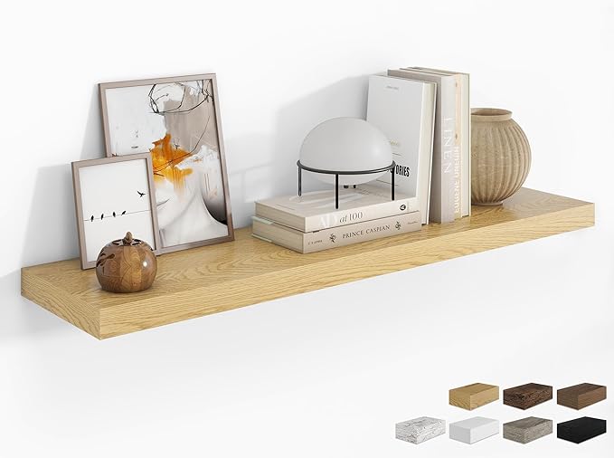 RICHFOCUS 48Inch Floating Shelves for Wall 1 Pack Shelves for Bedroom|Kitchen|Bathroom Wall Mounted Rustic Wood Floating Shelf with Invisible Brackets for Books|Storage|Decor, Oak-Ruum Studio Home