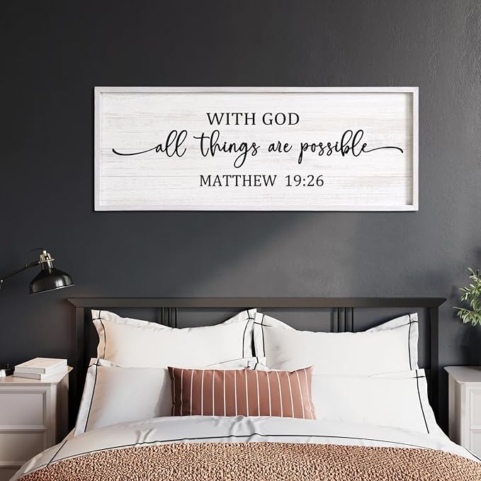 With God All Things are Possible Framed Wall Art, 40''×15'' Vintage Holy Religious Rustic Bible Verse for Christian God Jesus Christ Prayer, Positive Horizontal Inspirational Catholic Scripture Decor-Ruum Studio Home