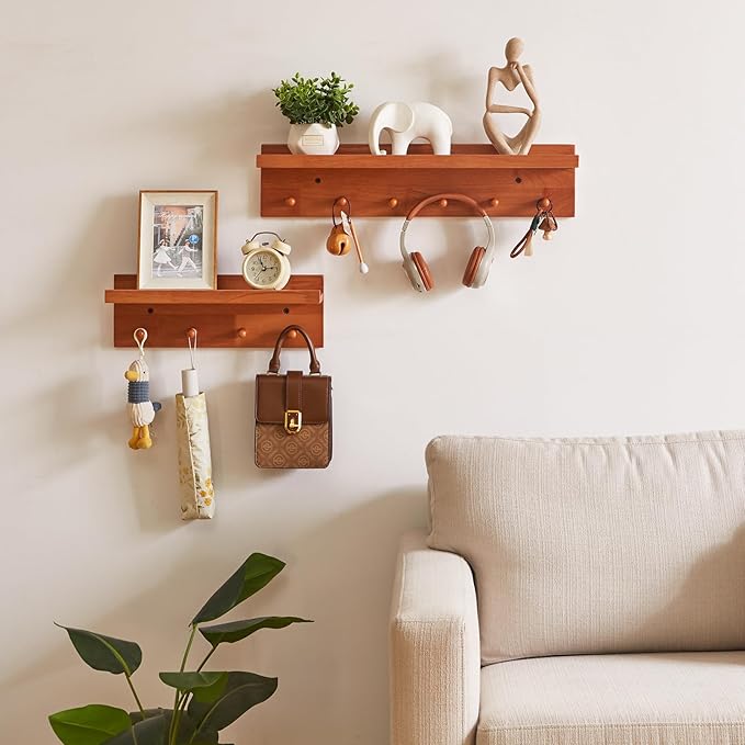 Wall Mounted Hook with Shelf,23.62in Entryway Wall Hanging Shelf,Solid Wood Coat Hooks,for Bathroom, Kitchen,Cherry Wood Color YD-WS0260C-Ruum Studio Home