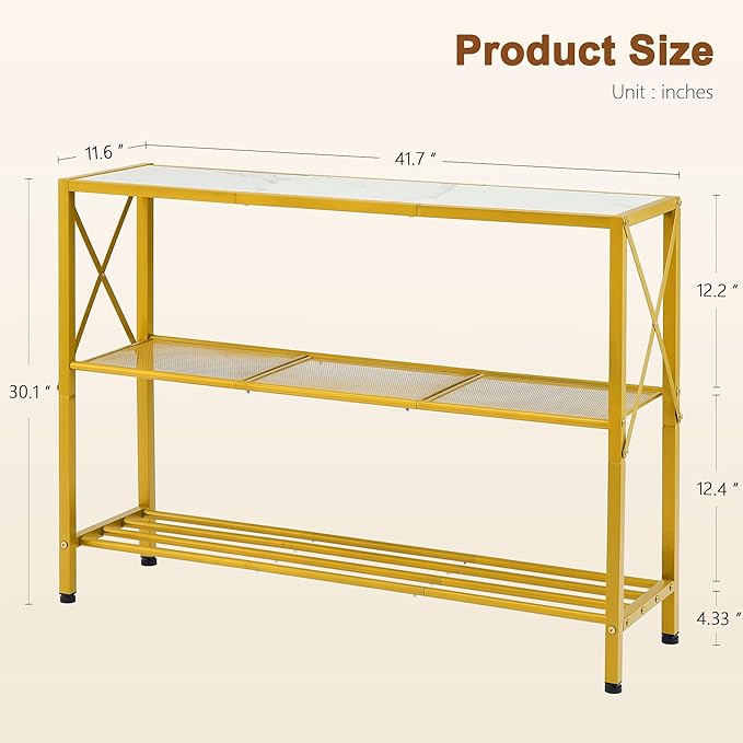 Hoctieon Gold Console Table, 3 Tier Entryway Table, Hallway Table, Narrow Sofa Table with Shelves, Entrance Table for Entryway, Gold and White-Ruum Studio Home