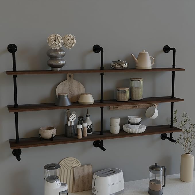 ROGMARS Industrial Pipe Wall Shelves Pipe Shelving,Natural Wood 60 Inches Long Walnut Floating Shelves for Wall Farmhouse Pipe Book Shelves for Kitchen,Living Room, Bar Shelving-Ruum Studio Home