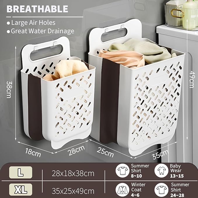 Plastic Collapsible Hanging Laundry Baskets with Carry Handle, Space-Saving Wall Hanging Laundry Basket Durable Tall Folding Plastic Laundry Hamper Waterproof Dirty Clothes Organizer XL+L-Ruum Studio Home