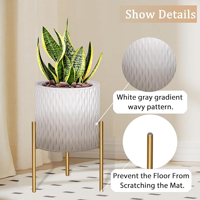 ARNIS Plants Pots with Stand, Set of 2 Indoor Planter Pots, Unique Mid Century Decorative Metal Flower Pots with Drainage,8.25 & 10.5 Inch, Grey and White-Ruum Studio Home