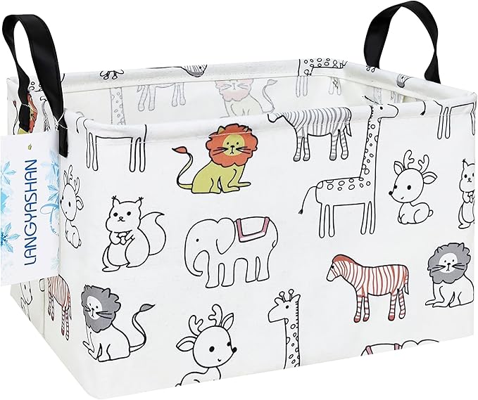 LANGYASHAN Rectangular Storage Bin Collapse Canvas Fabric Cartoon Storage Basket with Handles for Organizing Home Kitchen Boys and Girls Toys Office Closet Shelf Baskets (Rec Simplified Zoo)-Ruum Studio Home