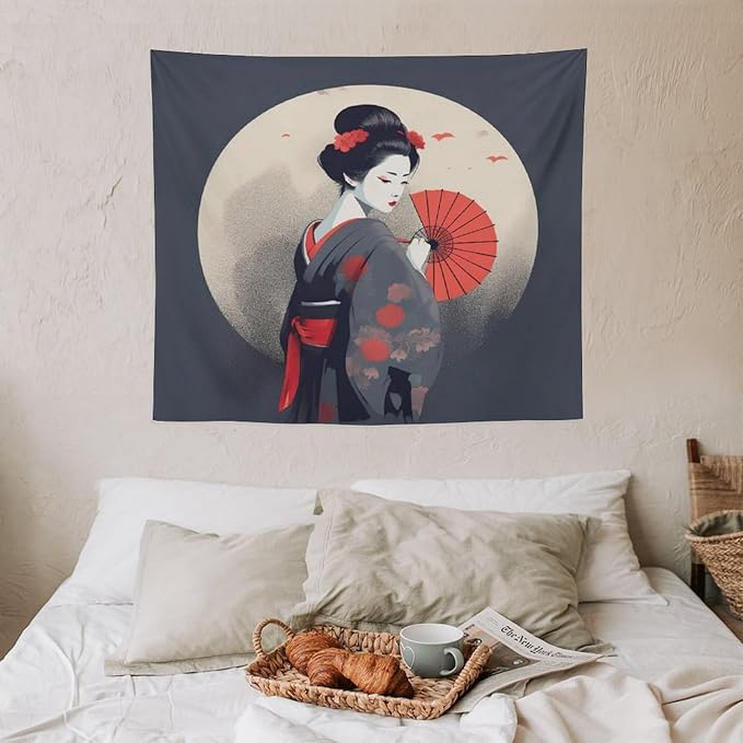 Japanese Woman Geisha Tapestry Asian Red Cherry Blossom Red Sun Traditional Kimono Folk Tapestries Home Decor for Living Room Bedroom Apartment Farmhouse Dorm 60"x50"-Ruum Studio Home