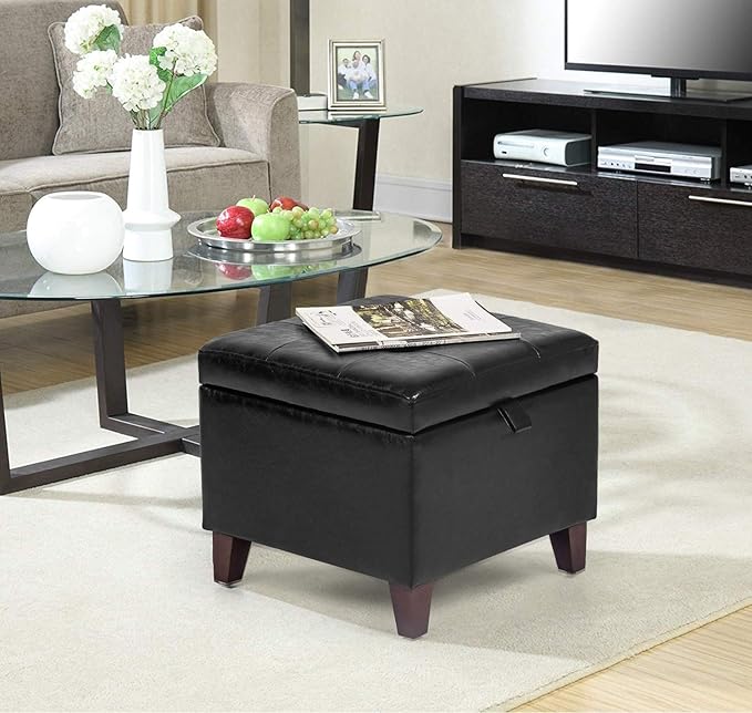 Adeco Storage Ottoman Foot Rest Stool, Leather Ottoman Footstool with Solid Wood Legs and Hinged Lid, 17.7" Small Foot Stool for Living Room, Bedroom-Ruum Studio Home
