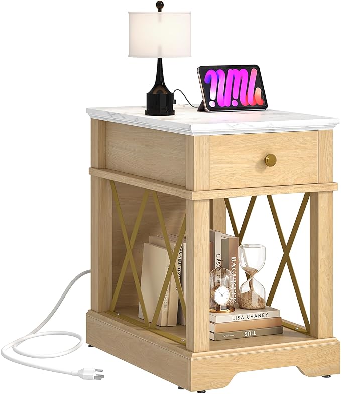 YITAHOME Farmhouse End Table, Side Table with Power Outlets, Nightstand with Drawer and Open Storage, Rustic End Table for Living Room, Sleeping Room, Natural Walnut-Ruum Studio Home
